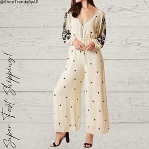 Free People Ivory & Black Floral Jumpsuit